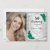 Invitation Elégante Silver Emerald Green Photo 50e anniversai (Devant)