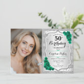 Invitation Elégante Silver Emerald Green Photo 50e anniversai (Debout devant)