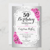 Invitation Elégante Silver White Pink Photo 50e anniversaire (Devant)