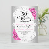 Invitation Elégante Silver White Pink Photo 50e anniversaire (Debout devant)