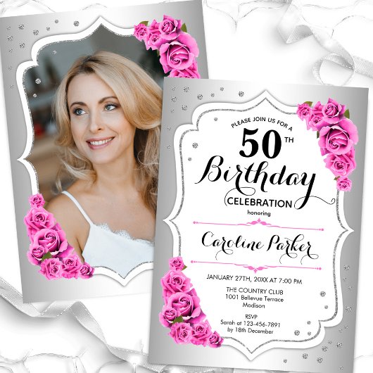 Invitation Elégante Silver White Pink Photo 50e anniversaire