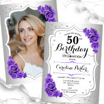 Invitation Elégante Silver White Purple Photo 50e anniversair<br><div class="desc">Elégante invitation à 50e anniversaire fleurie avec votre photo au verso de la carte. Design de glam avec faux argent. Comprend des roses violets, des caractères de script et des confettis. Parfait pour une fête anniversaire adulte élégante. Personnalisez avec vos propres détails. Peut être customisé pour n'importe quel âge !...</div>