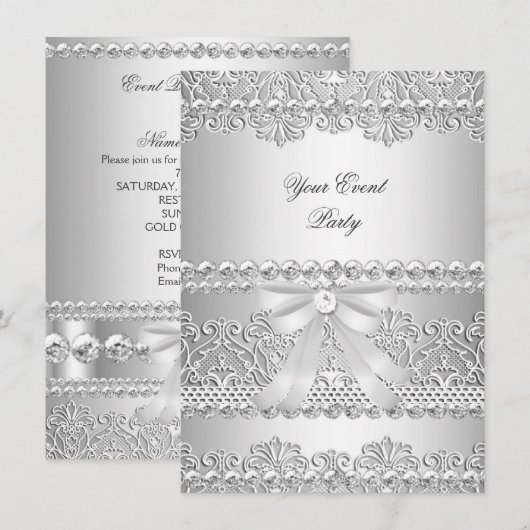 Invitation Élégante Soie Diamant Blanc Dentelle Party (Devant / Derrière)