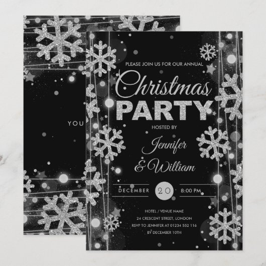 Invitation Élégante Soie Noir d'hiver Glam Noël (Devant / Derrière)