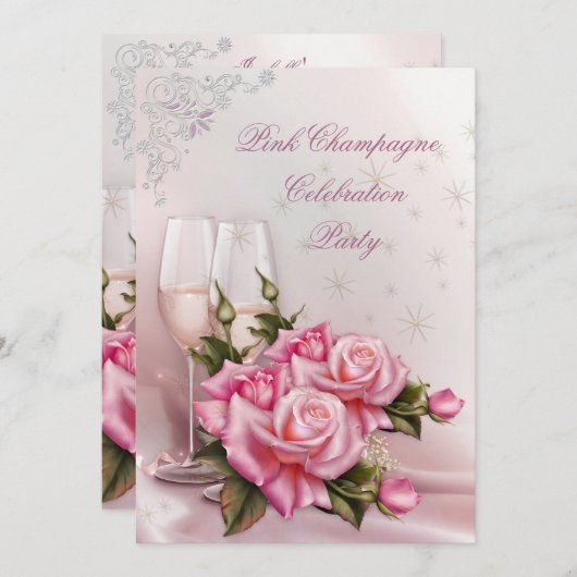 Invitation Élégante Soirée d'Anniversaire Rose au Champagne R (Devant / Derrière)