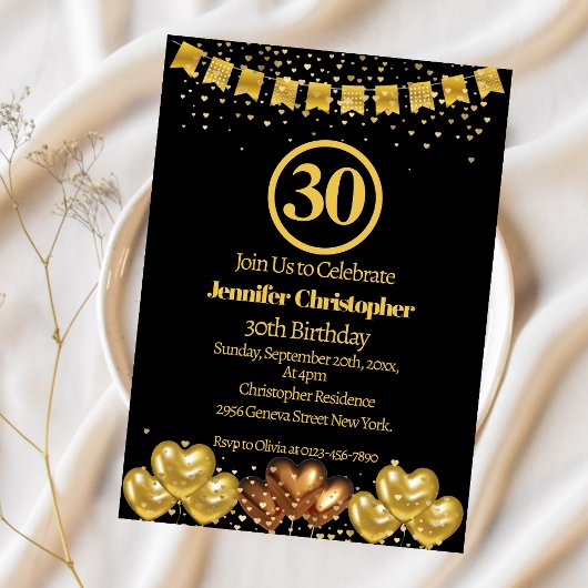 Invitation Elégante Soirée de 30e Anniversaire Noir et or