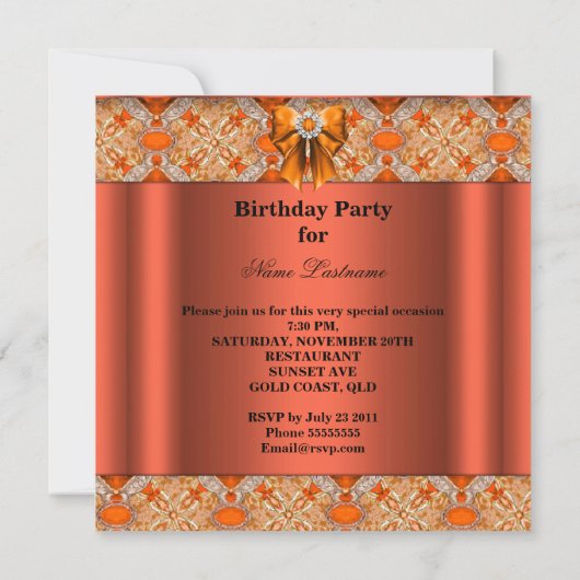 Invitation Élégante Soirée de Diamants de Bow Orange (Dos)