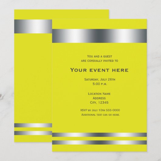 Invitation Élégante soirée de dîner jaune et argentée (Devant / Derrière)