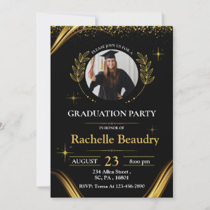 Invitation Élégante Soirée de Graduation Noire & Or de Luxe