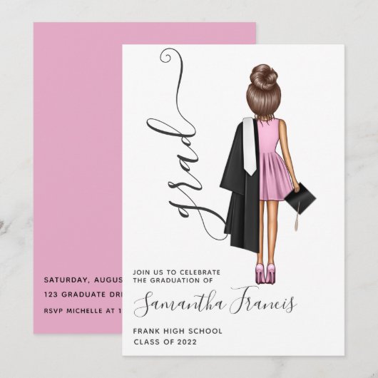 Invitation Élégante soirée de graduation rose et Brown fille (Devant / Derrière)