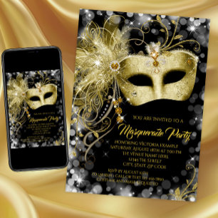 Invitation Élégante soirée de masquerade Black Gold Glitter