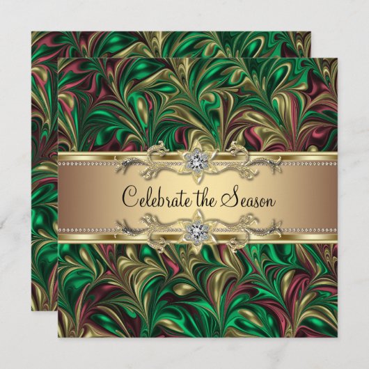 Invitation Élégante Soirée de Noël Vert Or (Devant / Derrière)