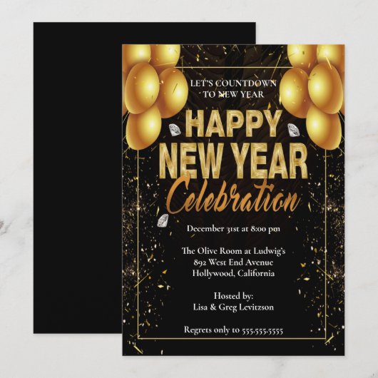 Invitation Élégante soirée de réveillon de Nouvel An des Ball (Devant / Derrière)