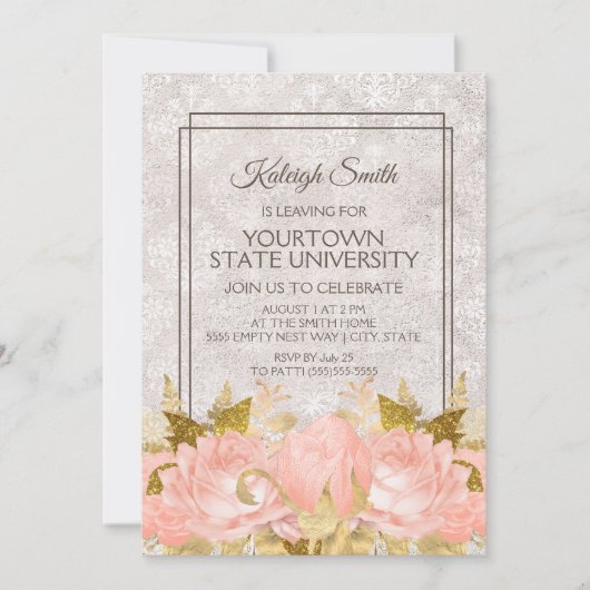 Invitation Élégante Soirée en ivoire fleurie d'or rose (Devant)