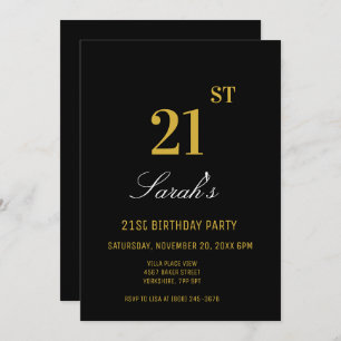 Invitation Élégante Soirée Noire & Or 21e Anniversaire