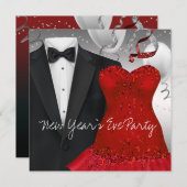Invitation Élégante Soirée Robe Rouge Tuxedo Noir (Devant / Derrière)