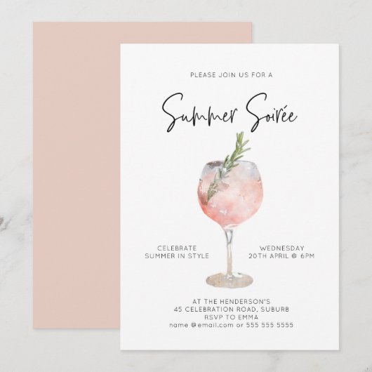 Invitation Élégante Soiree Summer Boissons Cocktail Party Ros (Devant / Derrière)