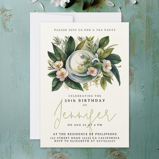 Invitation Elégante Soirée Thé Chic Anniversaire Floral Aquar