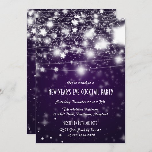 Invitation Élégante soirée violette du Nouvel An aux étoiles (Devant / Derrière)