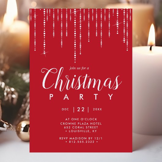Invitation Élégante String Lights Red Christmas Party