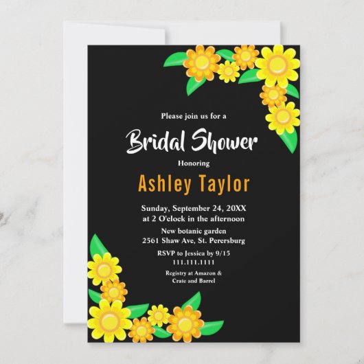 Invitation Elégante Sunflower Boho Black Floral Fête des mari (Devant)