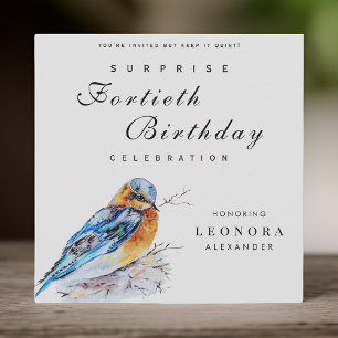 Invitation Élégante Surprise Anniversaire Oiseau Bleu Aquarel