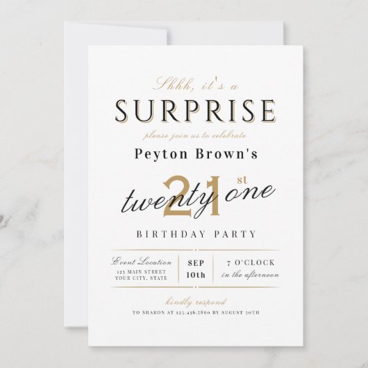 Invitation Elégante surprise classe moderne 21e anniversaire (Devant)
