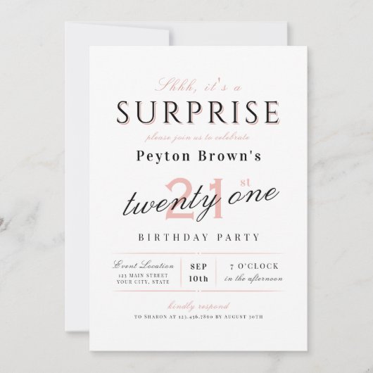 Invitation Elégante surprise moderne et classe 21e anniversai (Devant)