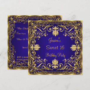 Invitation élégante Sweet 16 bleu royal et or