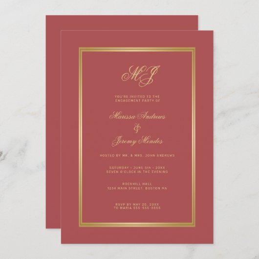 Invitation Élégante Terracotta Gold Monogram Partie d'engagem (Devant / Derrière)
