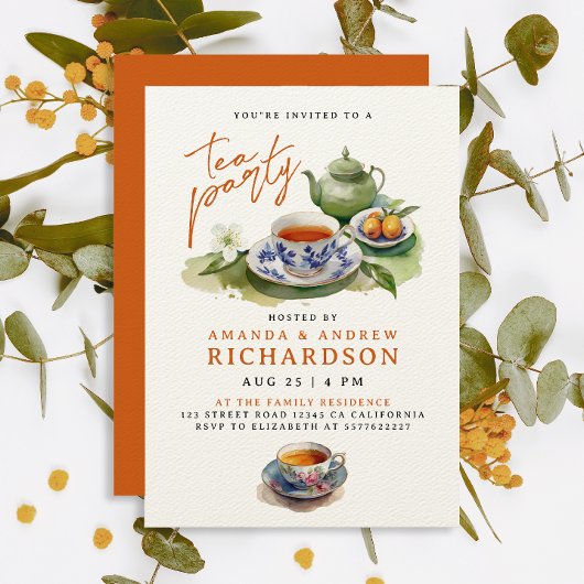 Invitation Elégante Terracotta Tea Party Amis Aquarelle