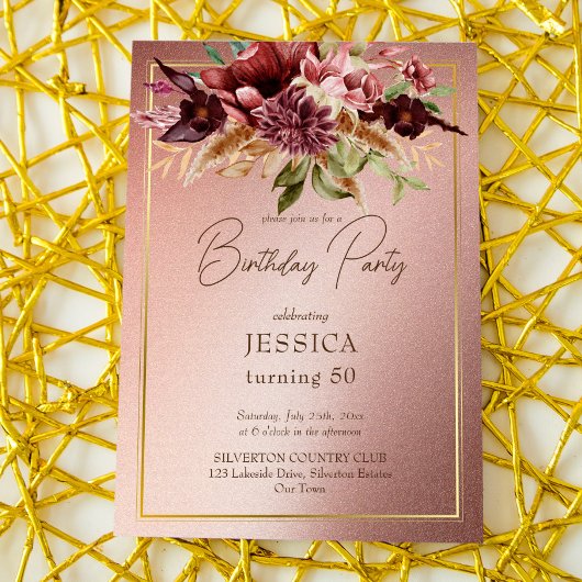 Invitation Elégante terre cuite marron automne fleurs anniver