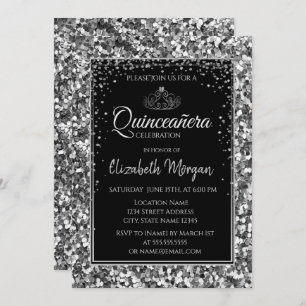 Invitation Elégante Tiara d'argent moderne, Séquins Quinceane
