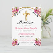 Invitation Elegante Tinta Floral Bautizo Cruz De Oro (Debout devant)