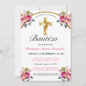 Invitation Elegante Tinta Floral Bautizo Cruz De Oro (Devant)