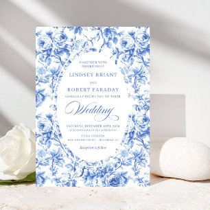 Invitation Élégante Toile de Jouy Florale Bleue Poussiéreuse