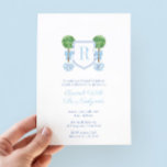 Invitation Élégante Topiaire Monogramme NewlyWeds Brunch Part<br><div class="desc">Vase en pot de gingembre bleu et blanc remplie de tournesols audacieux contre des fleurs bleues et blanches et d'un dossier motif "Greek Key". J'ai configuré le modèle pour un Brunch pour les jeunes mariés, mais tous les champs de texte sont personnalisables selon vos besoins. Au contraire, vous pouvez modifier...</div>