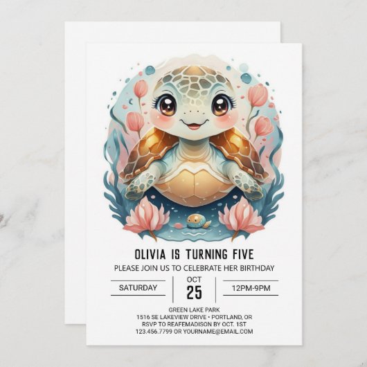 Invitation Elégante tortue marine Anniversaire (Devant / Derrière)