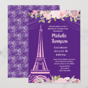 Invitation Elégante Tour Eiffel violet Paris Anniversaire