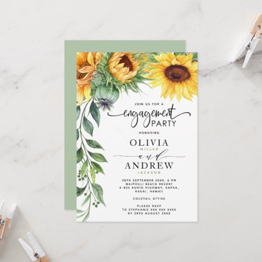 Invitation Elégante Tournesol Aquarelle Fiançailles moderne (Devant/Arrière en situation)