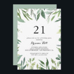 Invitation Élégante Tropical Green Foliage 21e fête d'anniver<br><div class="desc">Cette élégante invitation à la fête du 21e anniversaire de feuillage vert tropical est parfaite pour une simple fête d'anniversaire. Ce design dessiné à la main présente une aquarelle de beaux feuilles verts.</div>