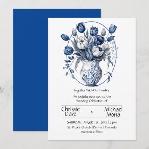 Invitation Elégante Tulipes Blances et Bleues en Vase Mariage