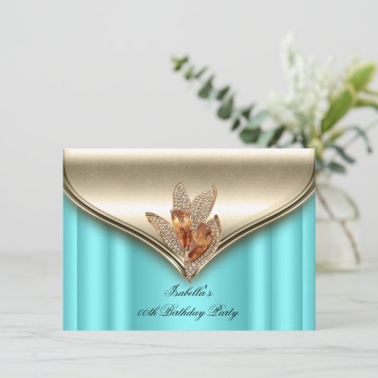 Invitation Elégante Turquoise Bleu Bronze Brown Or fête d'ann (Debout devant)