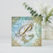 Invitation Elégante Turquoise Blue Butterfly Floral Gold Part (Debout devant)