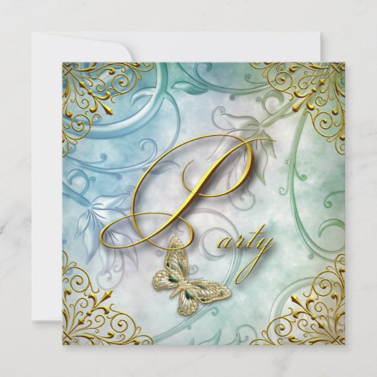 Invitation Elégante Turquoise Blue Butterfly Floral Gold Part (Devant)