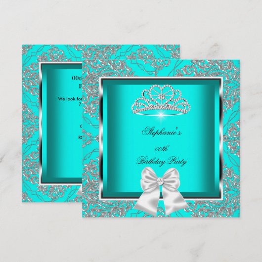 Invitation Elégante Turquoise Blue Damask Silver Birthday Par (Devant / Derrière)