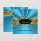Invitation Elégante Turquoise Blue Gold Black fête d'annivers (Devant / Derrière)
