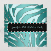 Invitation Elégante Turquoise Blue Zebra Fête de 40e annivers (Devant / Derrière)