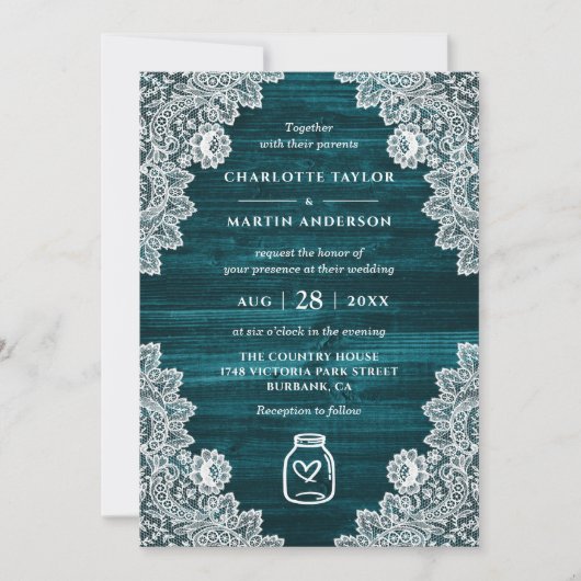 Invitation Elégante Turquoise bois floral dentelle Mason Jar  (Devant)