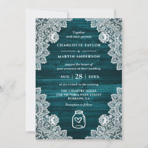 Invitation Elégante Turquoise bois floral dentelle Mason Jar